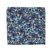 Blue blooms and black birds-floral-flowers-summer