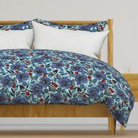 Blue blooms and black birds-floral-flowers-summer