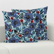 Blue blooms and black birds-floral-flowers-summer