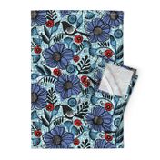 Blue blooms and black birds-floral-flowers-summer