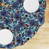 Blue blooms and black birds-floral-flowers-summer