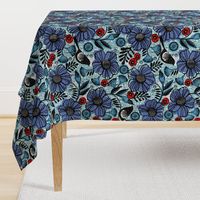 Blue blooms and black birds-floral-flowers-summer