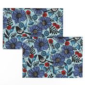 Blue blooms and black birds-floral-flowers-summer