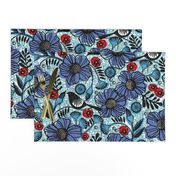 Blue blooms and black birds-floral-flowers-summer