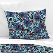 Blue blooms and black birds-floral-flowers-summer