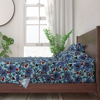 Blue blooms and black birds-floral-flowers-summer