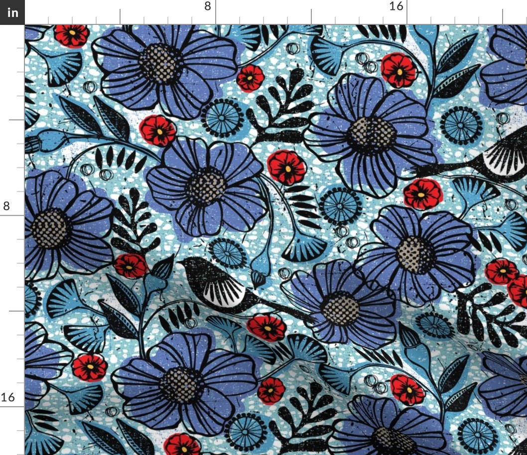 Blue blooms and black birds-floral-flowers-summer