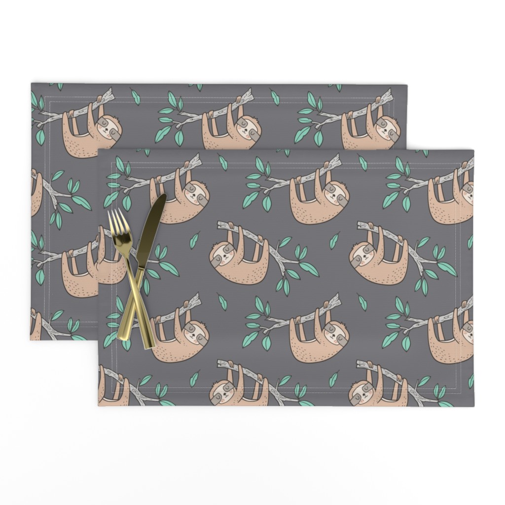 Sloth Sloths on Tree Branch with Leaves on Grey