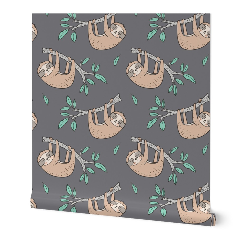 Sloth Sloths on Tree Branch with Leaves on Grey