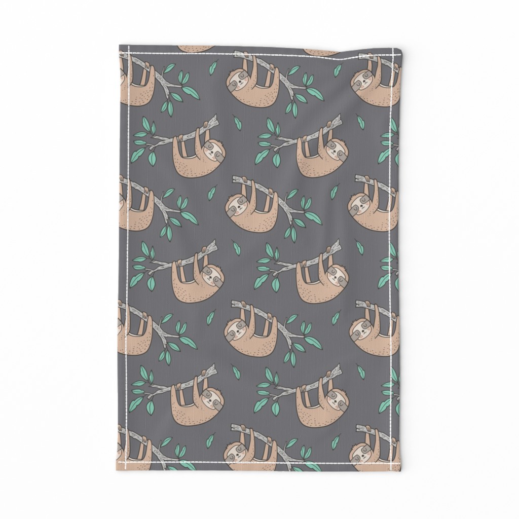 Sloth Sloths on Tree Branch with Leaves on Grey