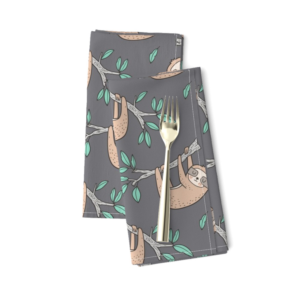 Sloth Sloths on Tree Branch with Leaves on Grey