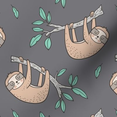 Sloth Sloths on Tree Branch with Leaves on Grey