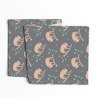 Sloth Sloths on Tree Branch with Leaves on Grey