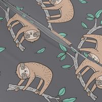 Sloth Sloths on Tree Branch with Leaves on Grey