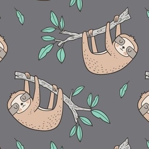 Sloth Sloths on Tree Branch with Leaves on Grey