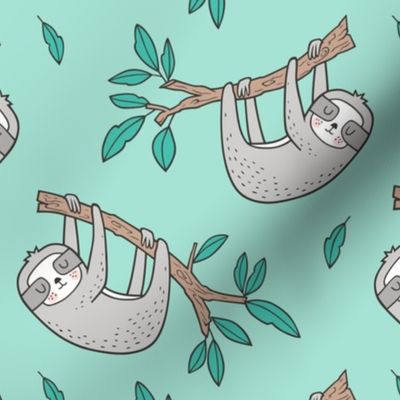 Sloth Sloths on Tree Branch with Leaves on Mint Green