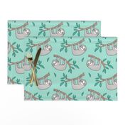 Sloth Sloths on Tree Branch with Leaves on Mint Green