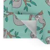 Sloth Sloths on Tree Branch with Leaves on Mint Green