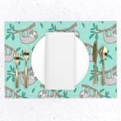 Sloth Sloths on Tree Branch with Leaves on Mint Green