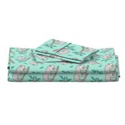 Sloth Sloths on Tree Branch with Leaves on Mint Green