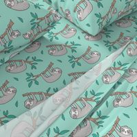 Sloth Sloths on Tree Branch with Leaves on Mint Green