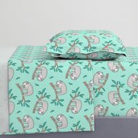 Sloth Sloths on Tree Branch with Leaves on Mint Green