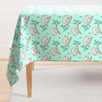 Sloth Sloths on Tree Branch with Leaves on Mint Green