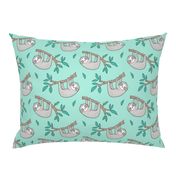 Sloth Sloths on Tree Branch with Leaves on Mint Green