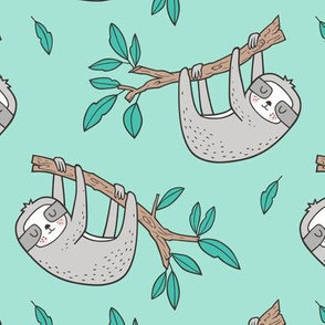 Sloth Sloths on Tree Branch with Leaves on Mint Green