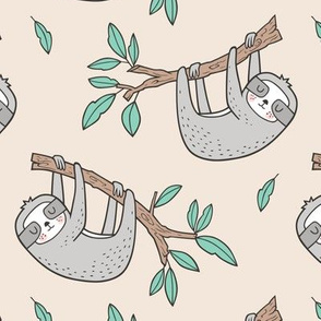 Sloth Sloths on Tree Branch with Leaves
