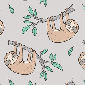 Sloth Sloths on Tree Branch with Leaves on Light Grey