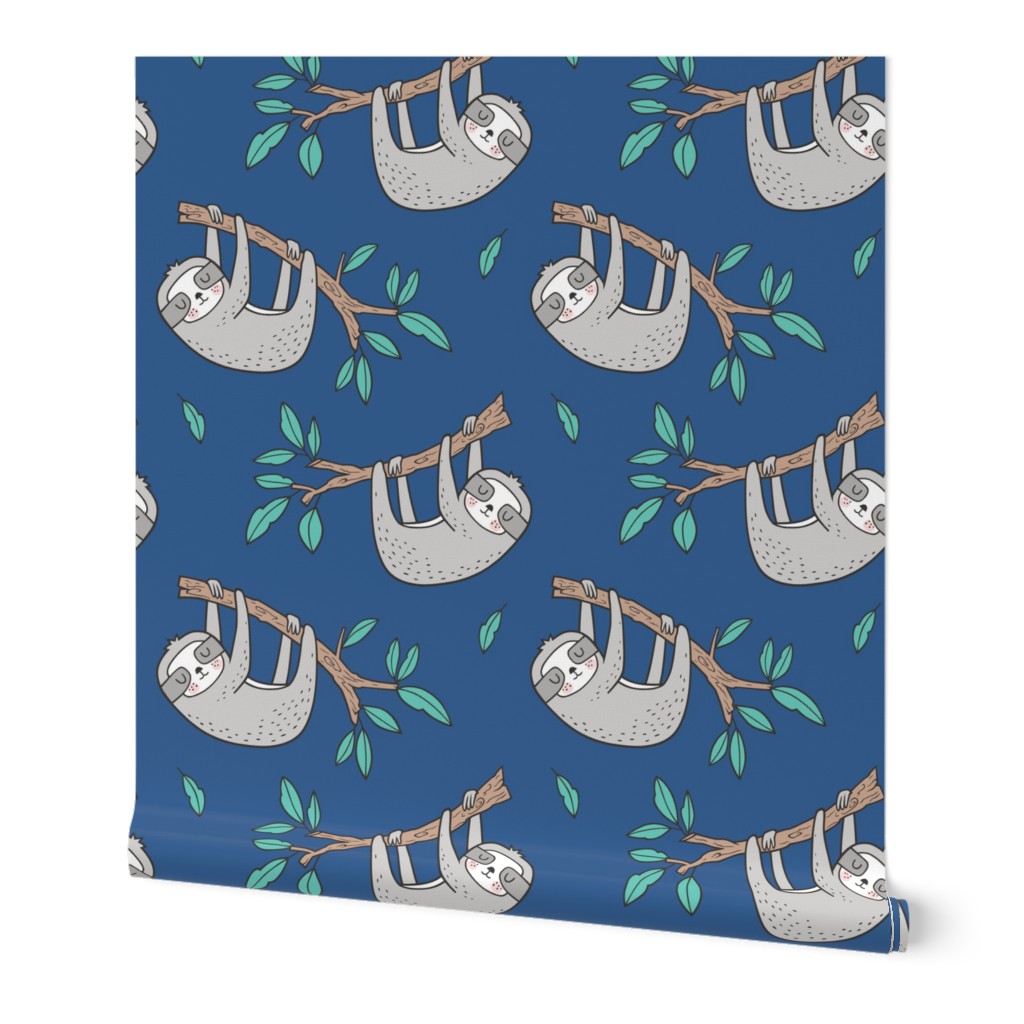 Sloth Sloths on Tree Branch with Leaves on Blue
