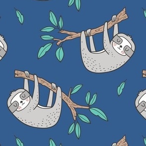 Sloth Sloths on Tree Branch with Leaves on Blue