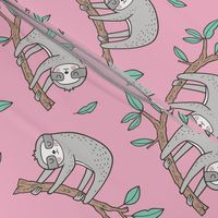 Sloth Sloths on Tree Branch with Leaves on Pink