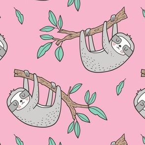 Sloth Sloths on Tree Branch with Leaves on Pink