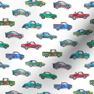 Extra Little Toy Cars in Watercolor on Clean White