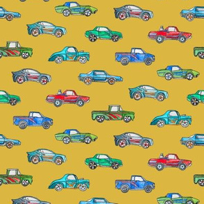 Extra Little Toy Cars in Watercolor on Mustard