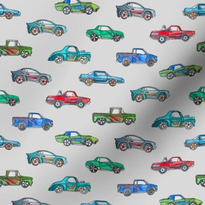 Extra Little Toy Cars in Watercolor on Grey