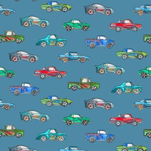 Extra Little Toy Cars in Watercolor on Blue