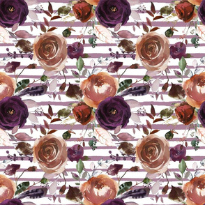 Boho Plum and Butterum Florals on Soft Purple Stripes