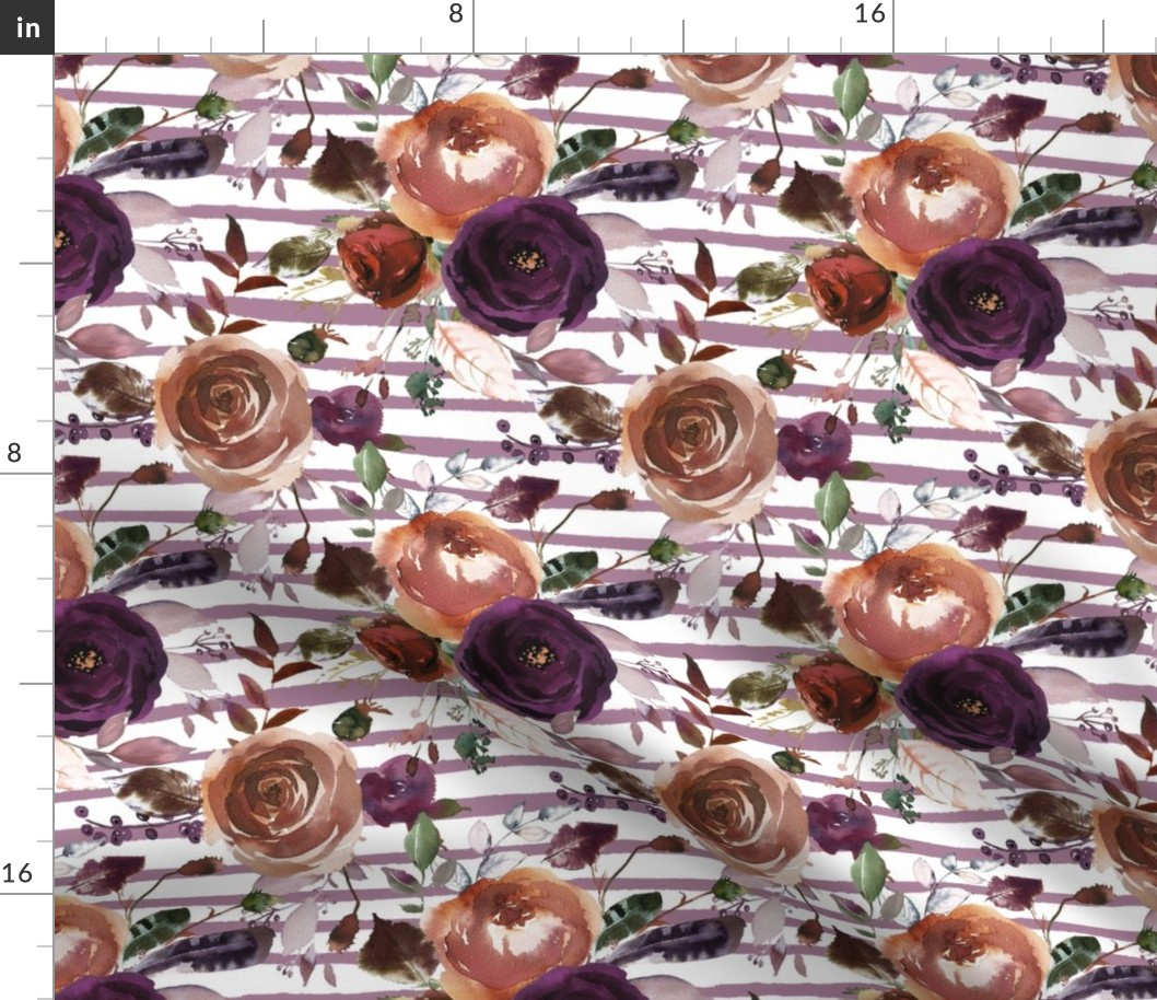 Boho Plum and Butterum Florals on Soft Purple Stripes