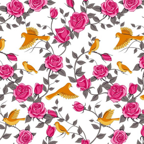 pink roses and birds