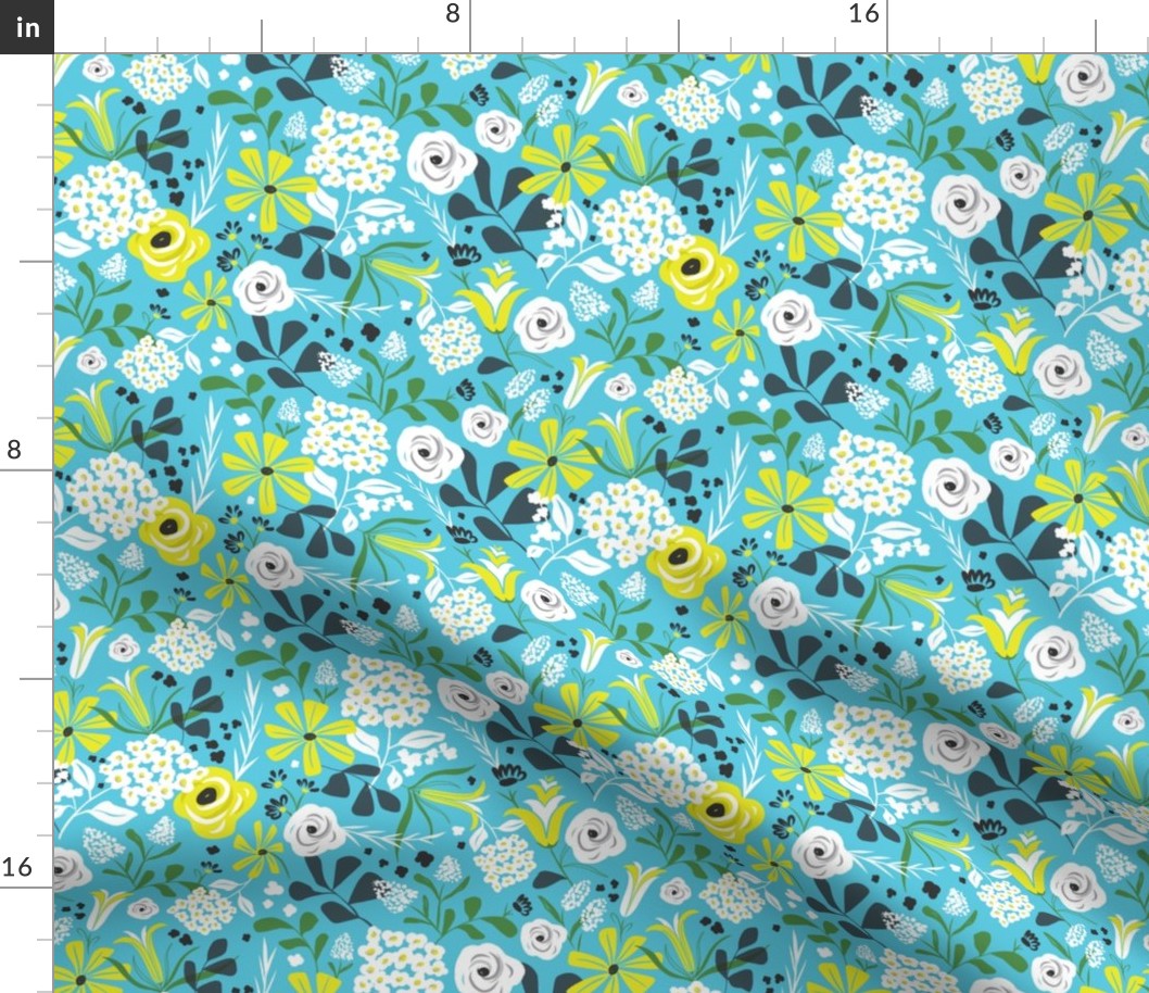 Darcy - Retro Floral - Aqua Blue Regular Scale