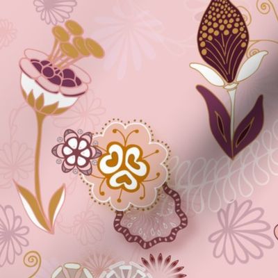 Birds and Blooms Seamless Repeating Pattern on Pink