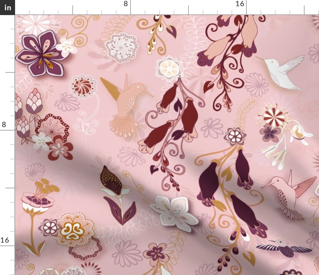 Birds and Blooms Seamless Repeating Pattern on Pink