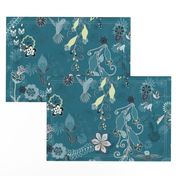 Birds and Blooms Seamless Repeating Pattern on Dark Blue