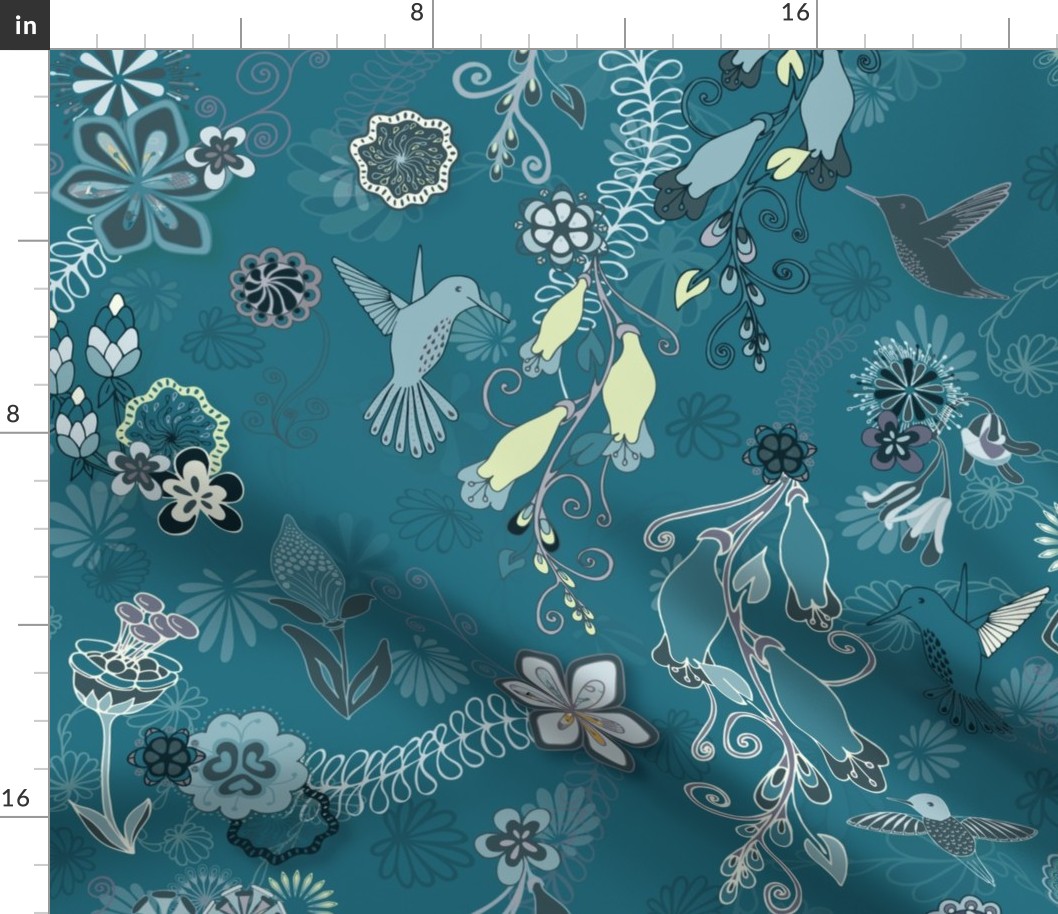 Birds and Blooms Seamless Repeating Pattern on Dark Blue