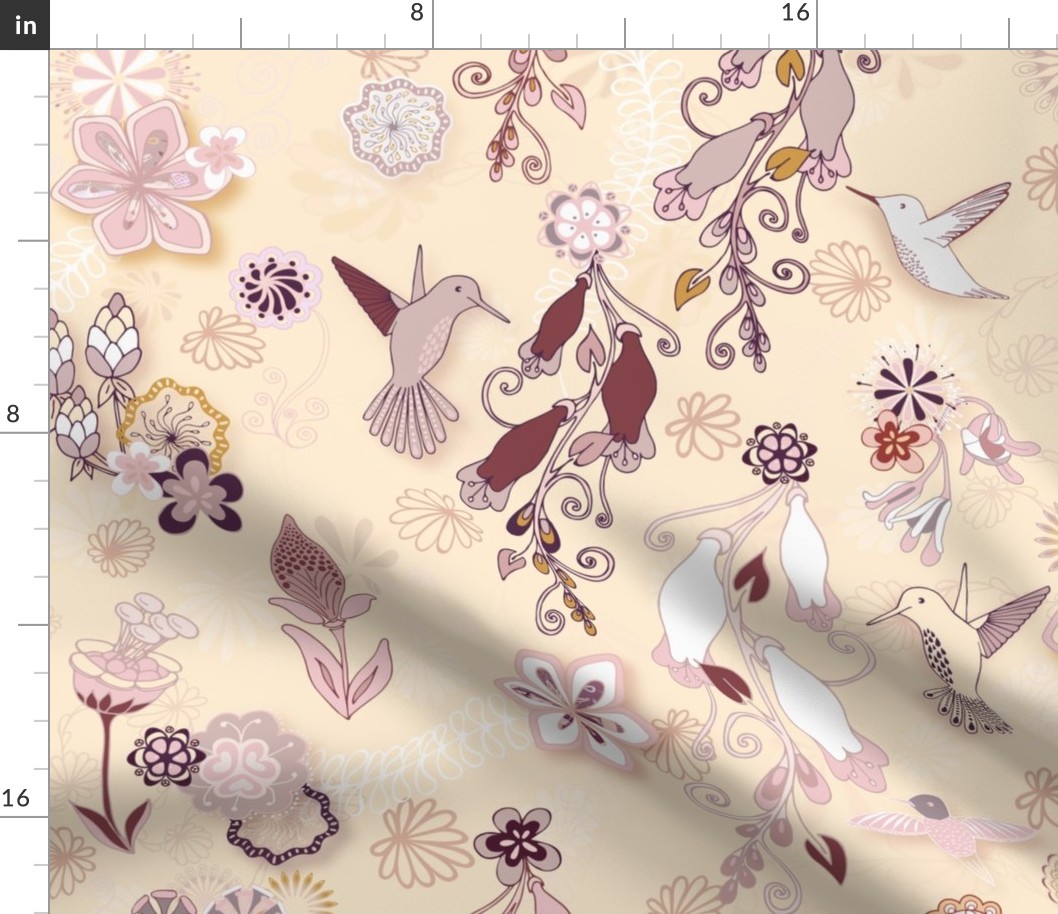 Birds and Blooms Seamless Repeating Pattern on Beige