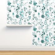 Birds and Blooms Seamless Repeating Pattern on White