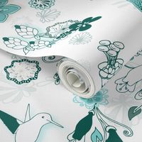 Birds and Blooms Seamless Repeating Pattern on White